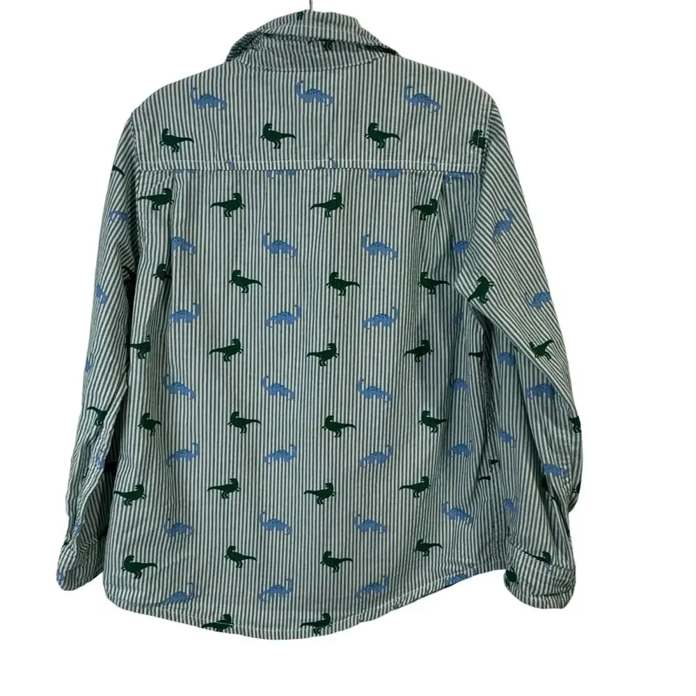 Children's Place Boys Green Striped Dinosaur Button Down Size 4T